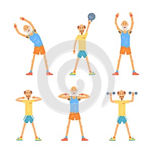 Senior and Mature Man Doing Physical Exercises Stretching Body and Strengthen Muscles Vector Set