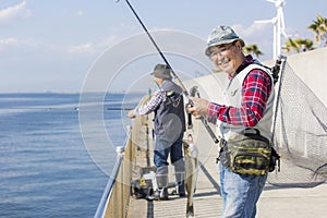 Senior men enjoying lure fishing