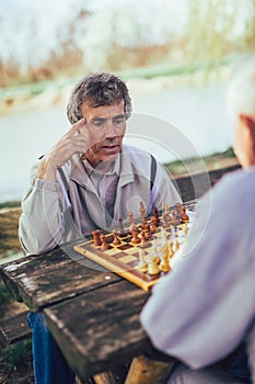 Senior men having fun and playing chess at park