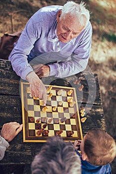 Senior men having fun and playing chess at park