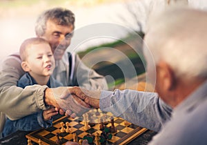 Senior men having fun and playing chess at park