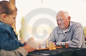 Senior men having fun and playing chess at park