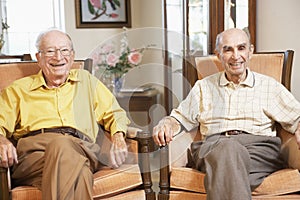 Senior men relaxing in armchairs