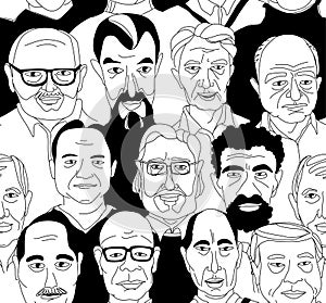 Senior men`s head portraits grunge line drawing set doodle poster