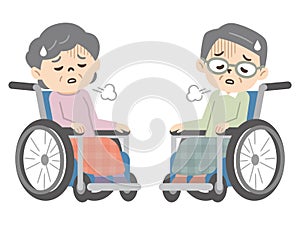 Senior men and women in wheelchairs with depressed emotions