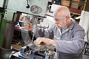 senior metal worker using industrial drilling machine in workshop