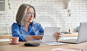 Senior mid 60s aged woman calculating bank fee with computer.