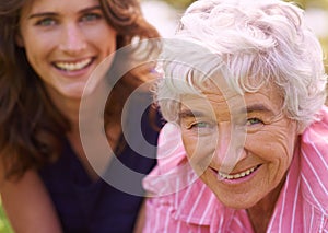 Senior, mother and woman in happy portrait outdoor to relax in summer, holiday or vacation together. Elderly, mom and