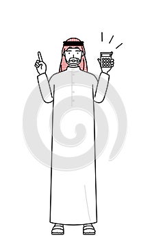 Senior Muslim Man holding a calculator and pointing