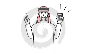 Senior Muslim Man holding a calculator and pointing