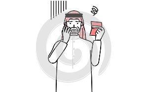 Senior Muslim Man looking at his bankbook and feeling depressed