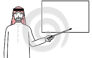 Senior Muslim Man pointing at a whiteboard with an indicator stick