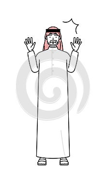 Senior Muslim Man raising his hand in surprise