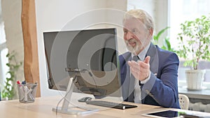 Senior Old Businessman Talking on Video Call on Computer