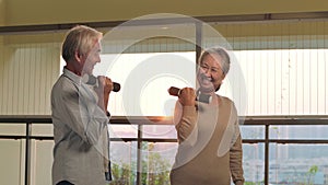 Senior old couple exercising using dumbbells