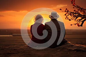 Senior old couple sunset. Generate Ai