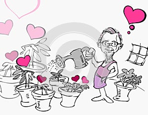 Senior Old Man in Garden with Heart Cartoon