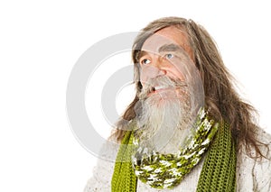 Senior old man happy smiling. Long hair, mustache, beard