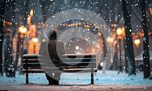 senior old man sitting in solitude on park bench at winter, calmness and tranquility in mature concept