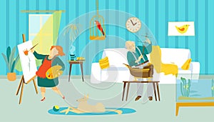 Senior old people couple at home, elderly family leisure lifestyle vector illustration. Mature male female person