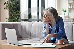 Senior older woman watching webinar on laptop working from home.