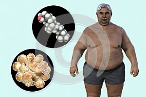 A senior overweight man with a close-up view of adipocytes and cholesterol molecules, 3D illustration