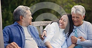 Senior, parents and woman in garden with hug, support and love in backyard and retirement. Happy family, elderly father