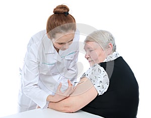 Senior patient arm insulin medicine syringe injection vaccination