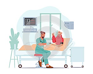 Senior Patient Character Hospitalization at Clinic Ward, Health Care Concept. Doctor or Nurse Measuring Blood Pressure