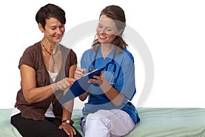 Senior patient discussing test-results with doctor