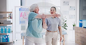 Senior patient, physiotherapy and stretching muscle, workout support or fitness in physical therapy or healthcare clinic