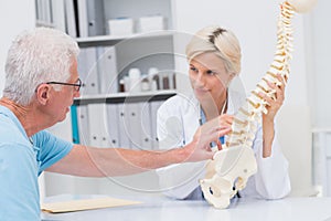 Senior patient showing spine problems to doctor at table