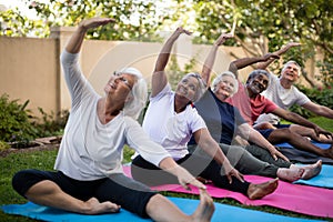 Senior people with arms raised exercising at park