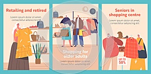 Senior People Choosing Fashioned Dress in Store Cartoon Banners. Aged Men and Women Buying Garment Standing near Hanger