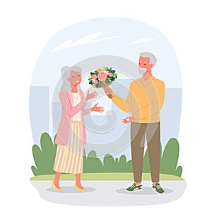 Senior people on date in Valentines Day, elderly man giving flower bouquet to happy woman