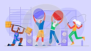 Senior people do exercises in gym flat character vector illustration concept