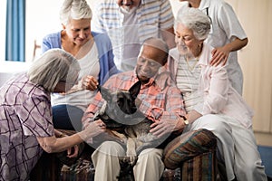 Senior people and doctor playing with dog