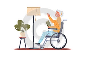 Senior people. Elderly cartoon character reads book. Grandmother in wheelchair. Grandparents leisure. Retired person