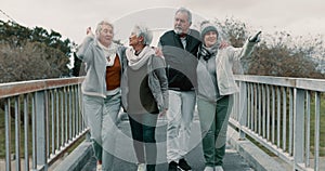 Senior people, fitness group and bridge with laugh, care or walk for training together, health or retirement. Elderly