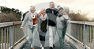 Senior people, fitness group and bridge with laugh, care or walk for training together, health or retirement. Elderly