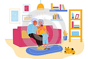 Senior people gadgets in room. Happy elderly couple on sofa in living room, pensioners mastering new device