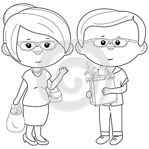 Senior people holding shopping bags with groceries. Vector black and white coloring page.