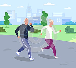 Senior people jogging. Seniors running marathon in city park, elder sport lifestyle cardio exercising fitness training