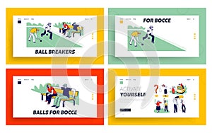 Senior People Playing Bocce, Deaf Phone Landing Page Template Set. Competing each other. Elderly Friends