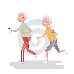 Senior people on scamper . Elderly woman run with armband for jogging. Adult people sport activities. Vector Illustration.