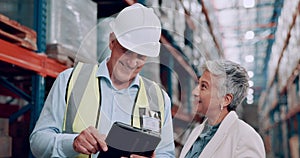 Senior, people and tablet in warehouse for inspection, talking and collaboration for logistics and distribution. Digital