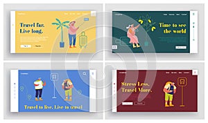 Senior People Traveling Activity Website Landing Page Set. Aged Male and Female Characters Outdoor Vacation