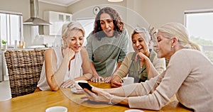 Senior people, women and smartphone on retirement website, asset management information and internet search at an