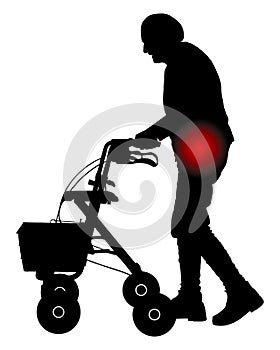 Senior person with hip pain and rollator