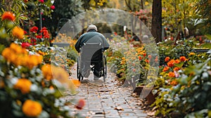 Senior Person in Wheelchair Enjoying a Flower Garden